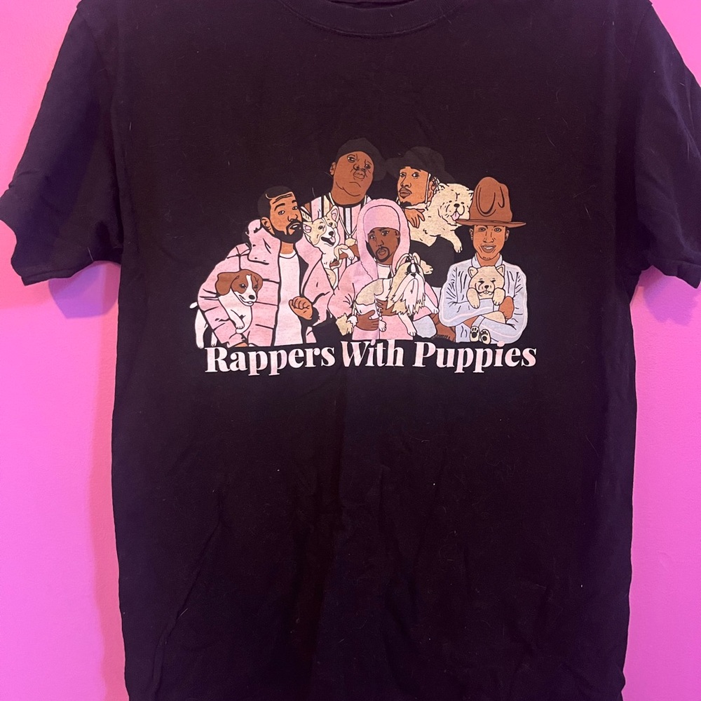 The Limited Black Short Sleeve Tee with Graphic Design " Rappers with puppies "